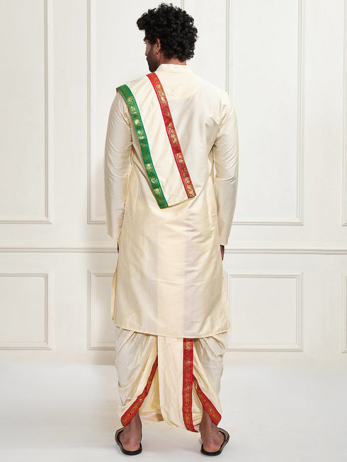 Men's Rose Gold Cotton Blend Kurta Dhoti And Dupatta Set