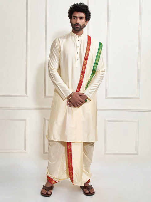 Men's Rose Gold Cotton Blend Kurta Dhoti And Dupatta Set