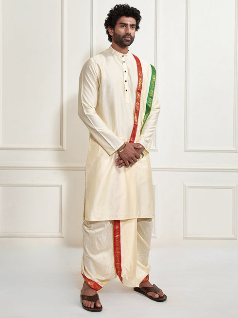 Men's Rose Gold Cotton Blend Kurta Dhoti And Dupatta Set