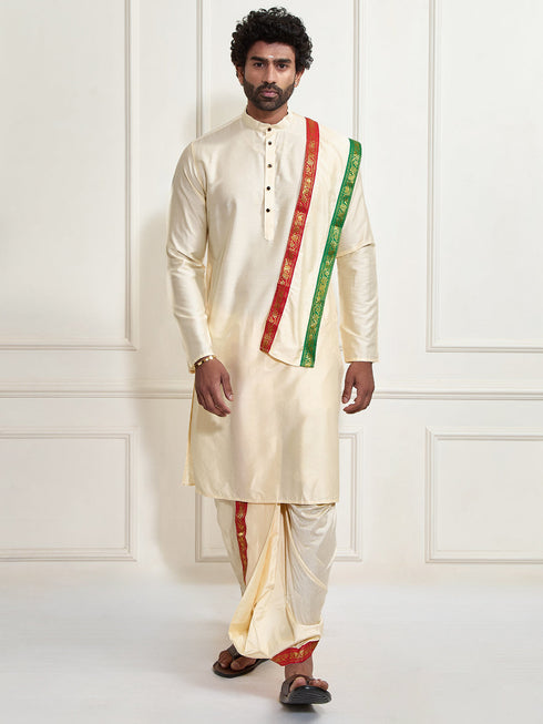 Men's Rose Gold Cotton Blend Kurta Dhoti And Dupatta Set