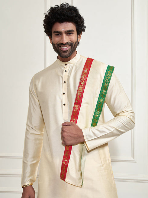 Men's Rose Gold Cotton Blend Kurta Dhoti And Dupatta Set