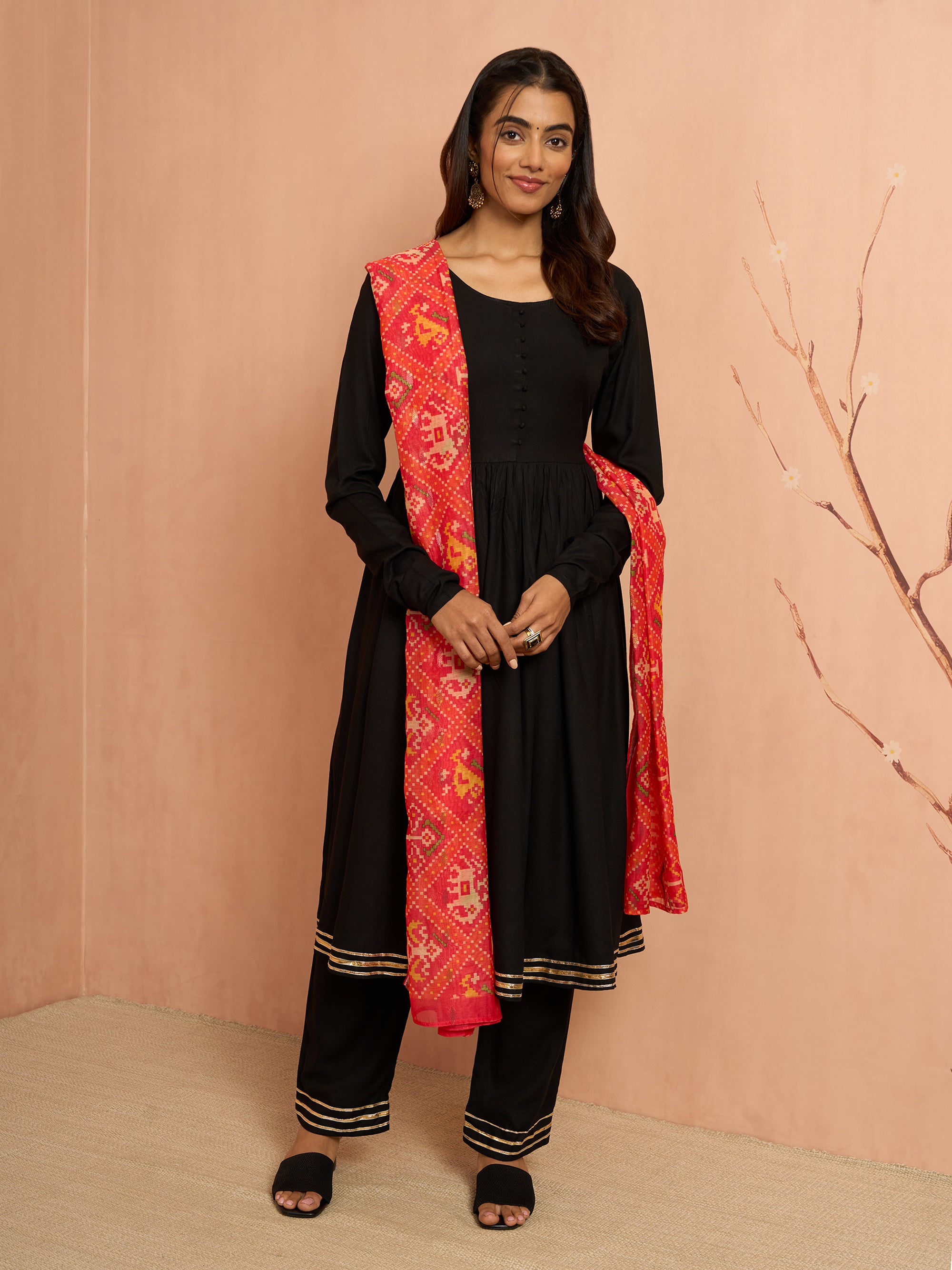 Women's Black Rayon Anarkali Kurta Set