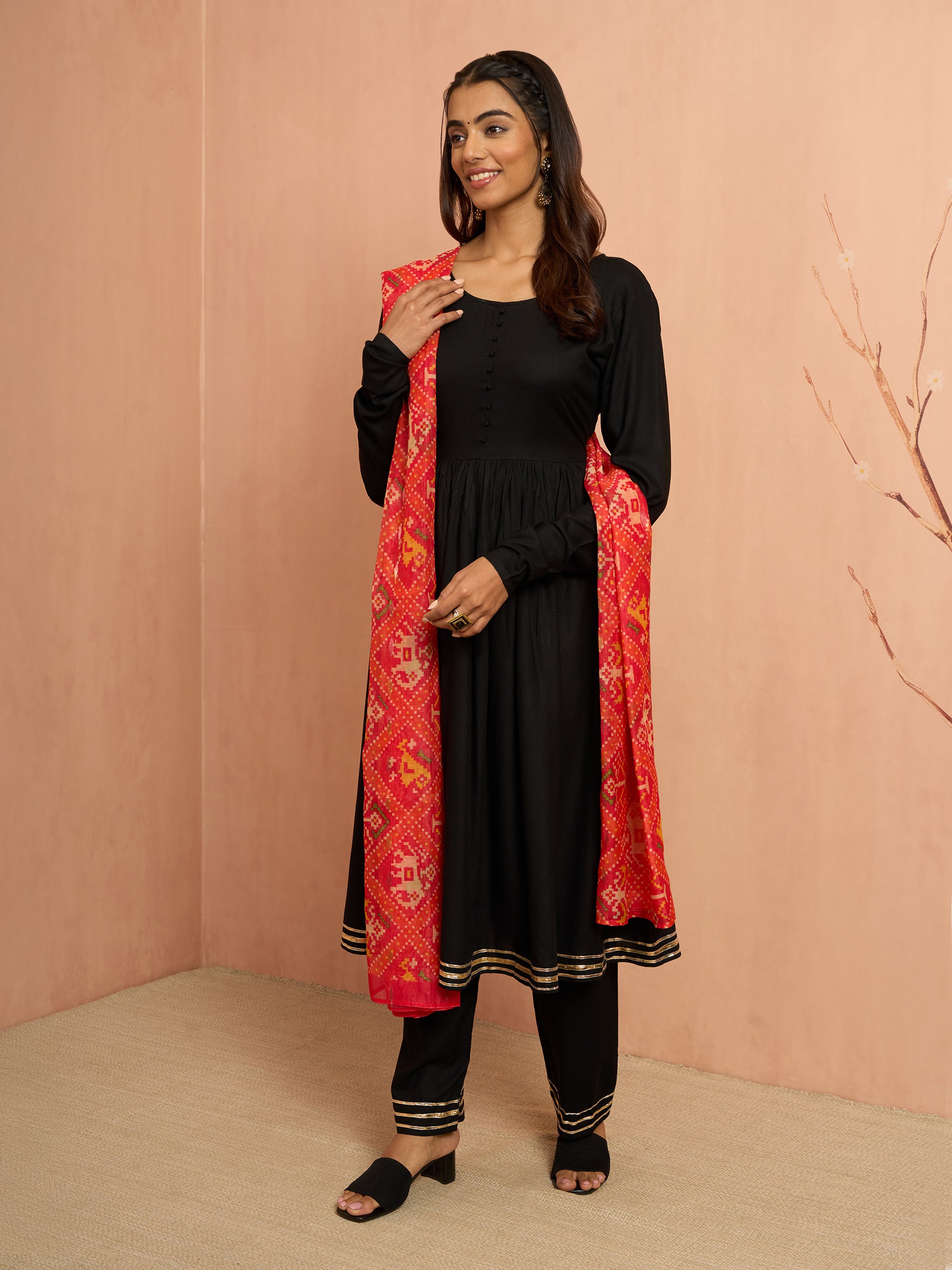 Women's Black Rayon Anarkali Kurta Set