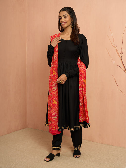 Women's Black Rayon Anarkali Kurta Set