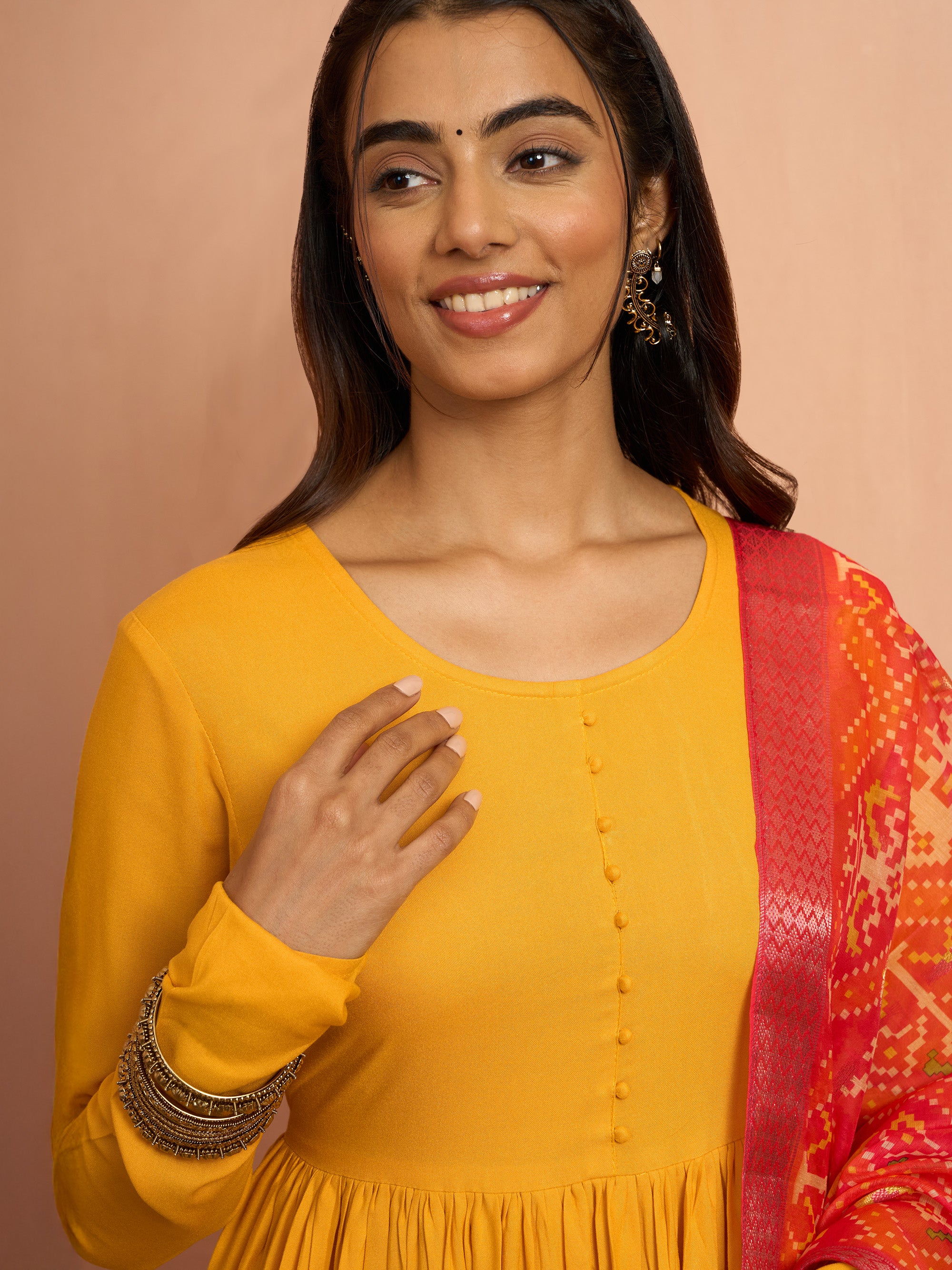 Women's Mustard Rayon Anarkali Kurta Set