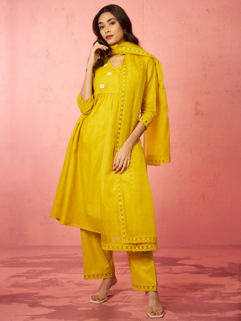 Women's Mustard Chanderi Anarkali Kurta Set