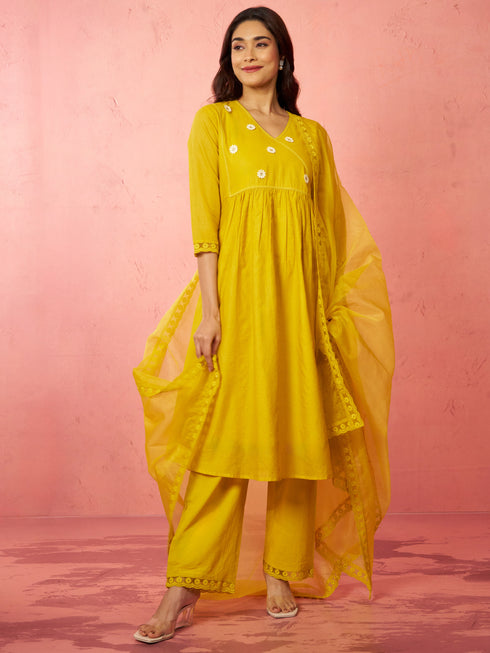 Women's Mustard Chanderi Anarkali Kurta Set