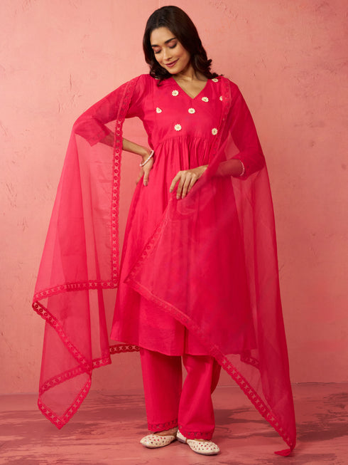 Women's Pink Chanderi Anarkali Kurta Set