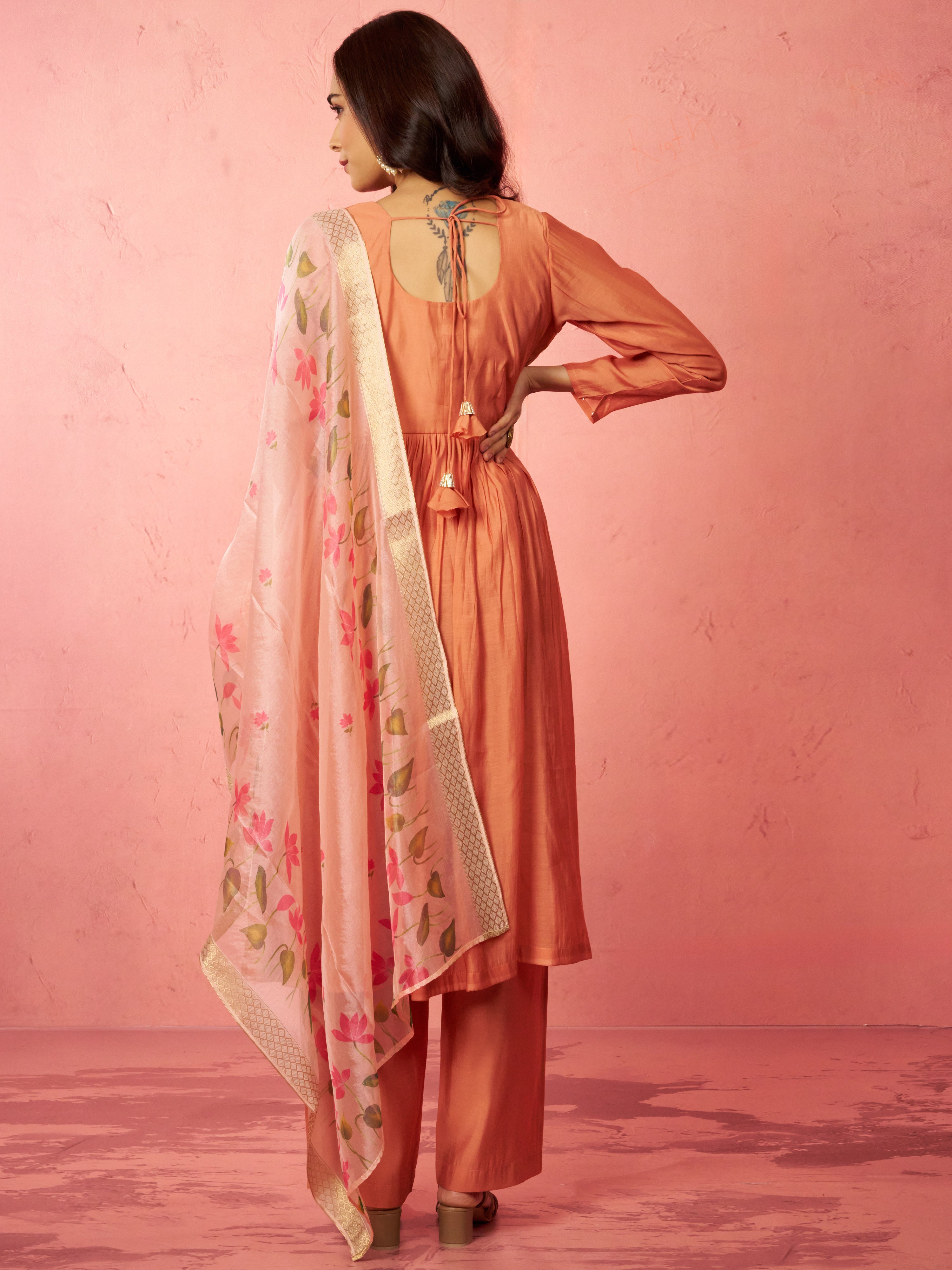 Women's Peach Silk Anarkali Kurta Set