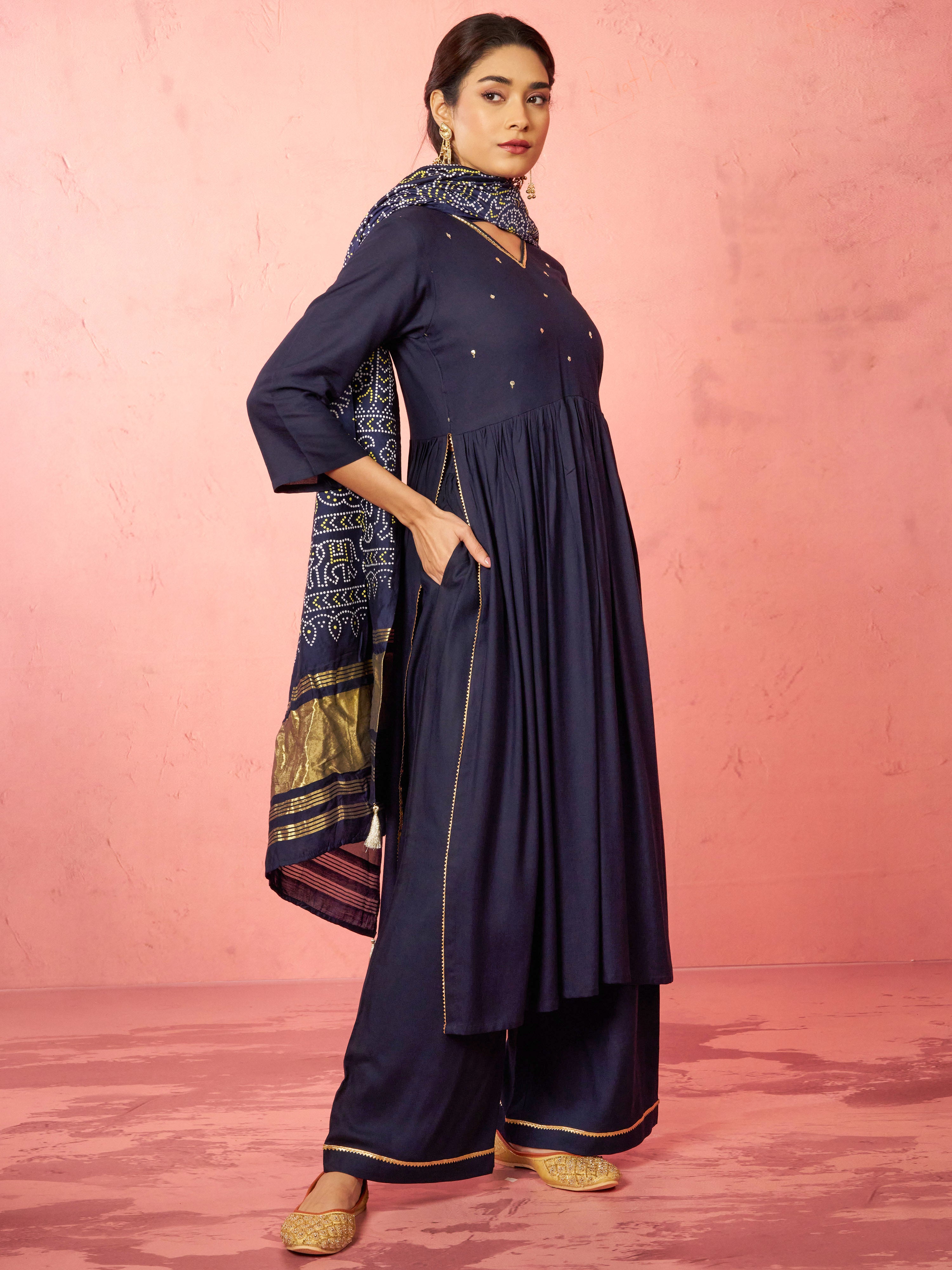 Women's Navy Blue Rayon Anarkali Kurta Set