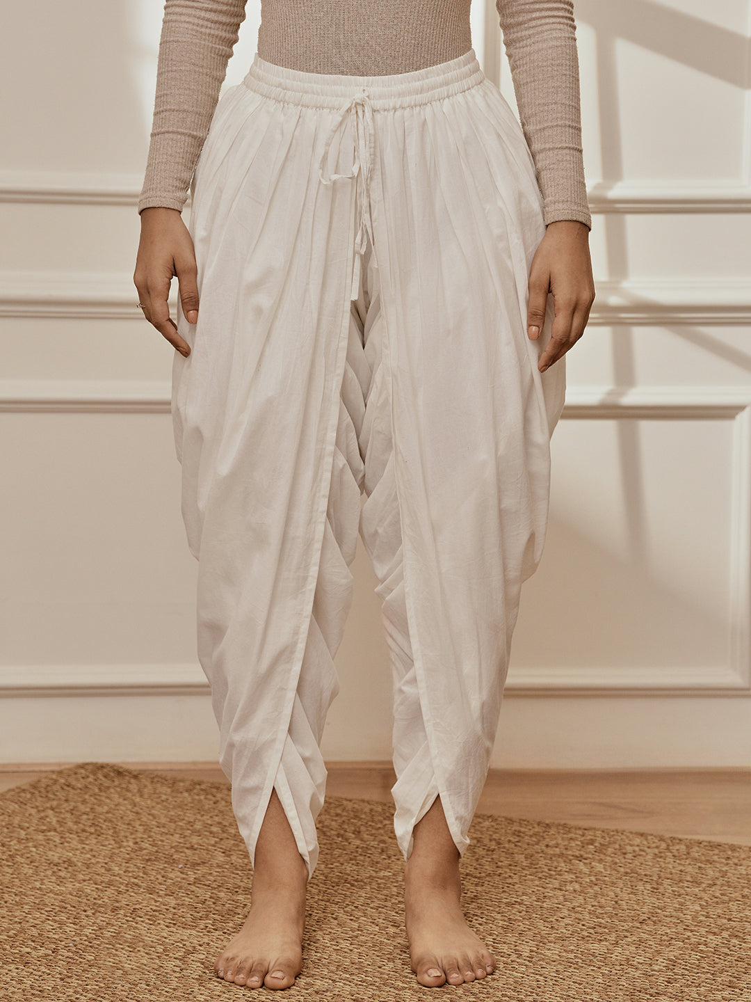 Women's White Cambric Cotton Dhoti Yoga Pants