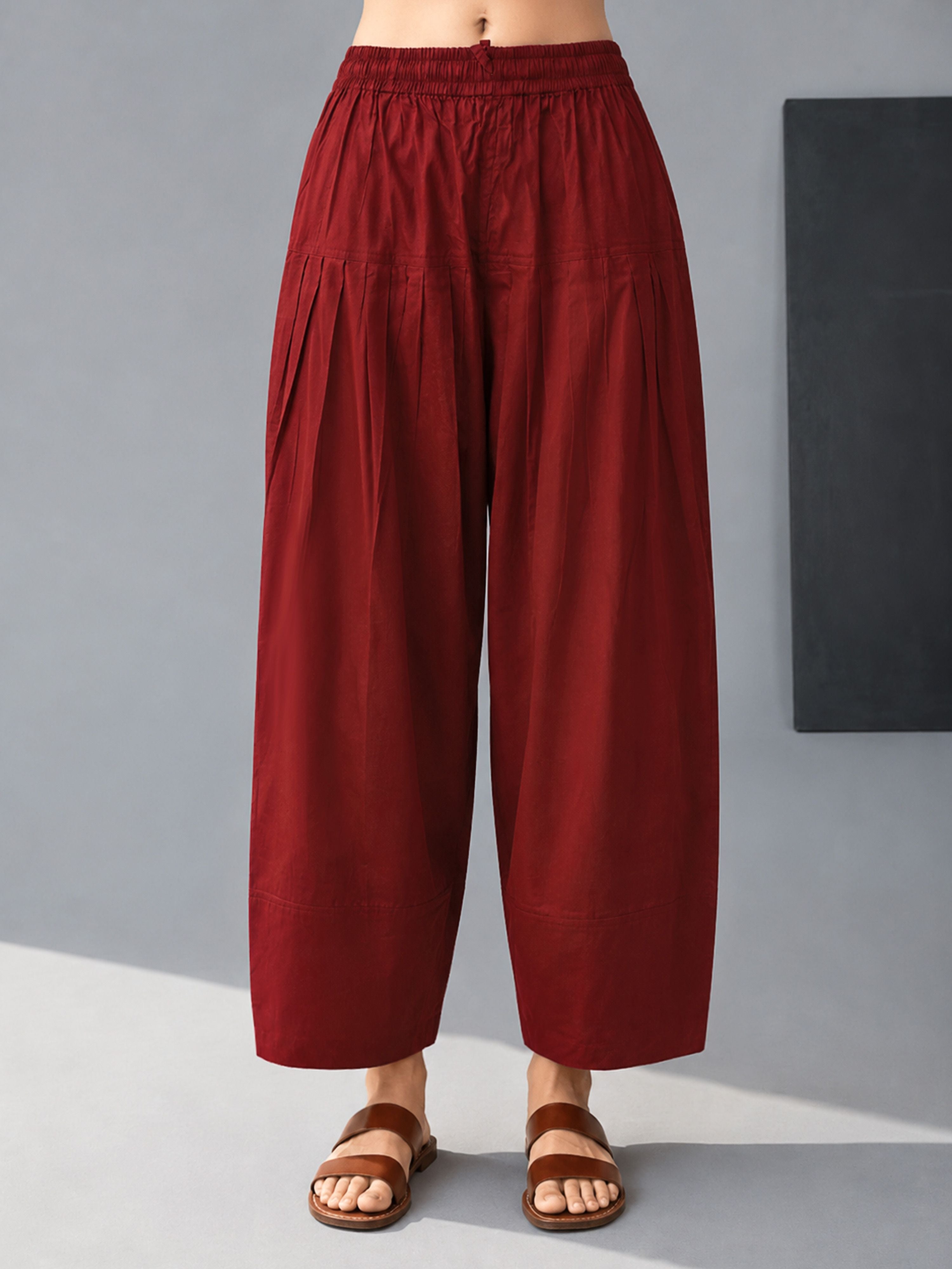 Rust Cotton Cambric Wide-Leg Palazzo Pants for Women