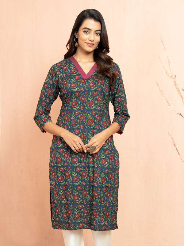 Women's Navy Blue Printed Cambric Cotton Straight Kurta