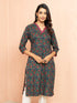Women's Navy Blue Printed Cambric Cotton Straight Kurta