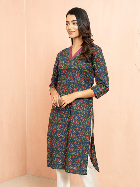 Women's Navy Blue Printed Cambric Cotton Straight Kurta