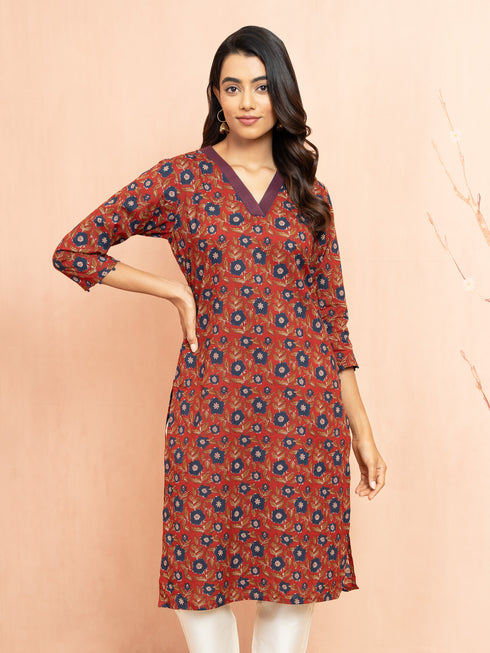 Women's Rust Printed Cambric Cotton Straight Kurta