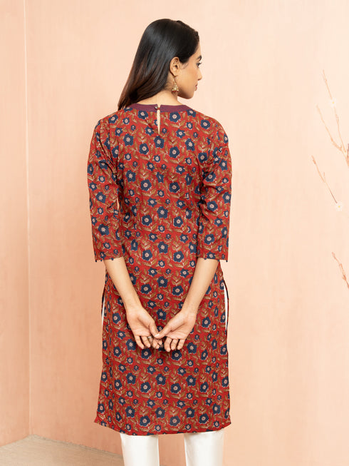 Women's Rust Printed Cambric Cotton Straight Kurta