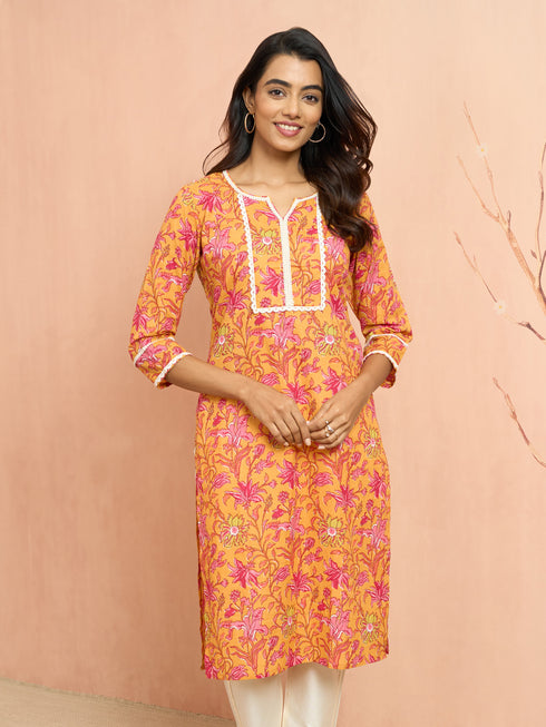 Women's Mustard Floral Printed Cambric Cotton Kurta