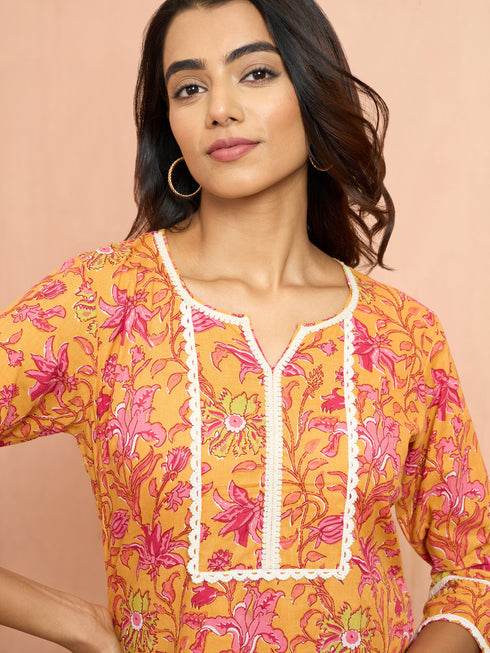 Women's Mustard Floral Printed Cambric Cotton Kurta