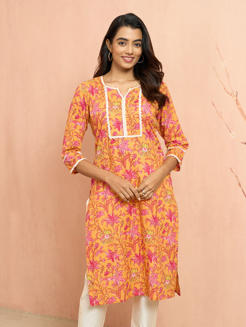 Women's Mustard Floral Printed Cambric Cotton Kurta