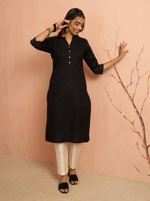 Women's Black Embroidered Cotton Kurta