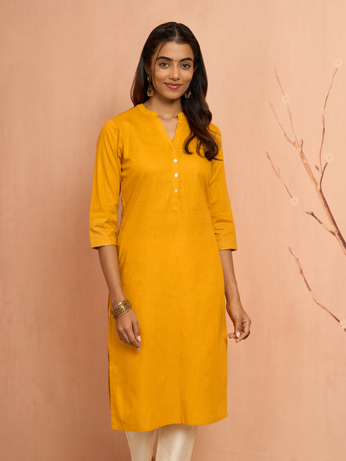 Women's Mustard Embroidered Cotton Kurta