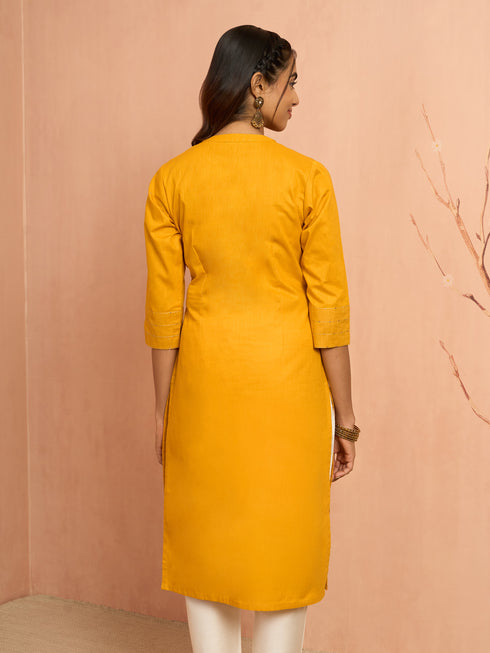 Women's Mustard Embroidered Cotton Kurta