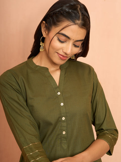 Women's Mehendi Green Embroidered Cotton Kurta