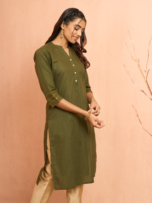Women's Mehendi Green Embroidered Cotton Kurta