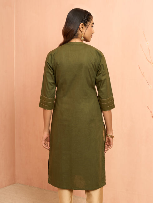 Women's Mehendi Green Embroidered Cotton Kurta