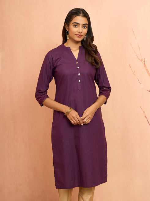 Women's Purple Embroidered Cotton Kurta