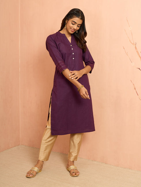 Women's Purple Embroidered Cotton Kurta