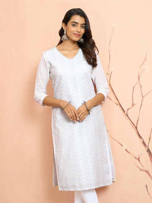 Women White Cotton Chikankari Kurta
