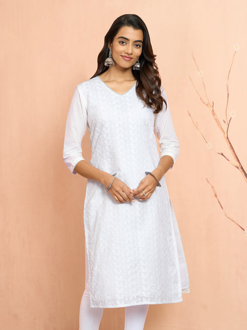 Women White Cotton Chikankari Kurta
