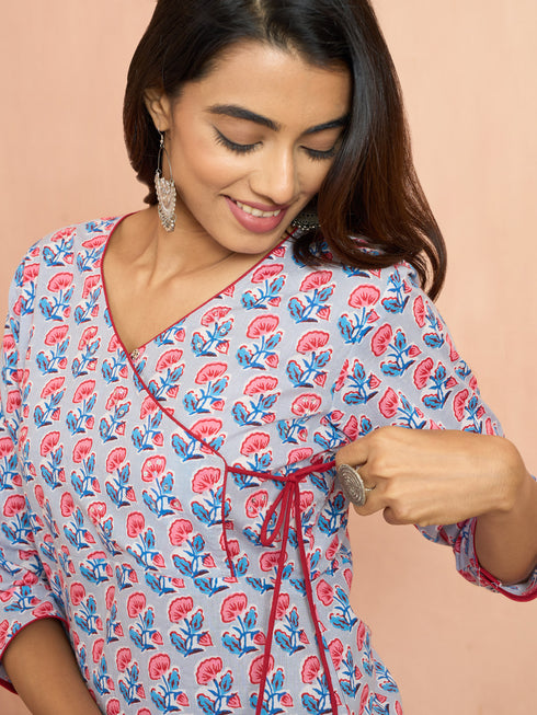 Women's Grey Floral Angrakha Kurta