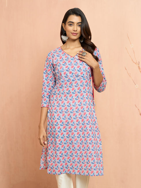 Women's Grey Floral Angrakha Kurta