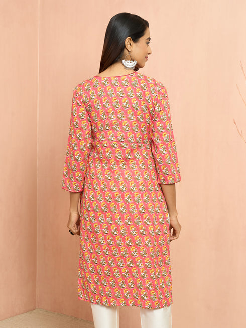 Women's Pink Floral Angrakha Kurta
