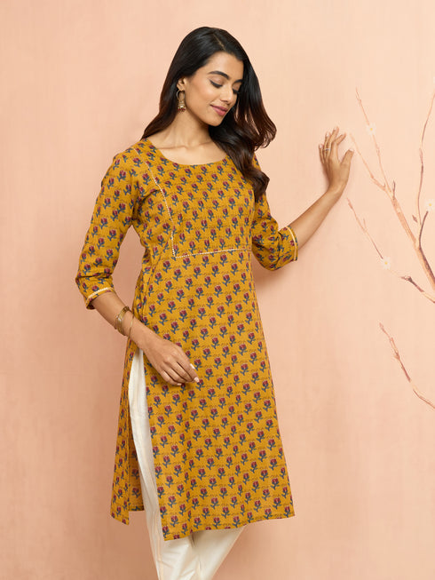Women's Mustard Floral Pleated Kurta
