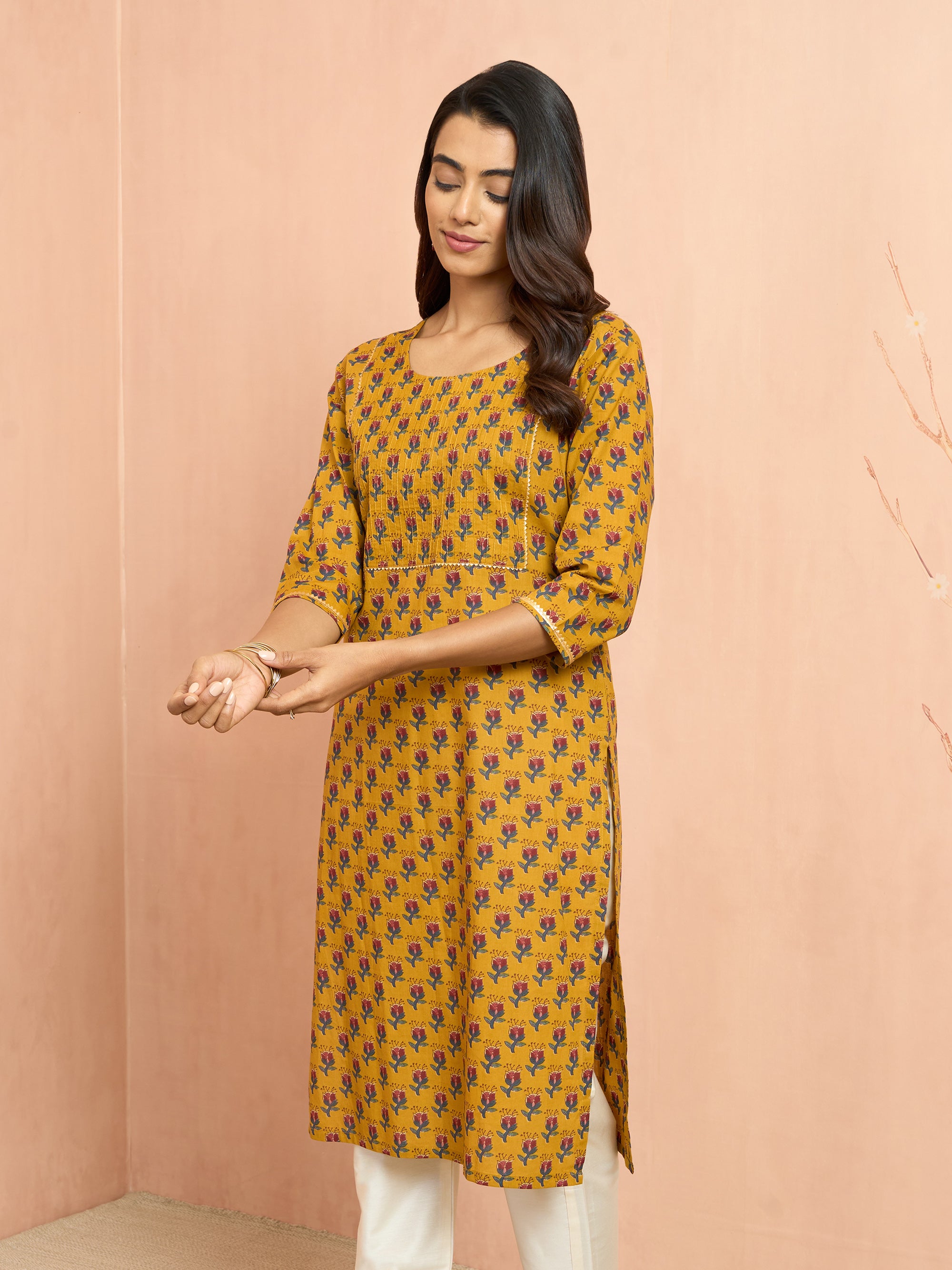 Women's Mustard Floral Pleated Kurta