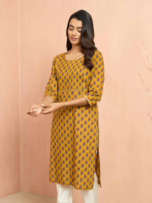 Women's Mustard Floral Pleated Kurta