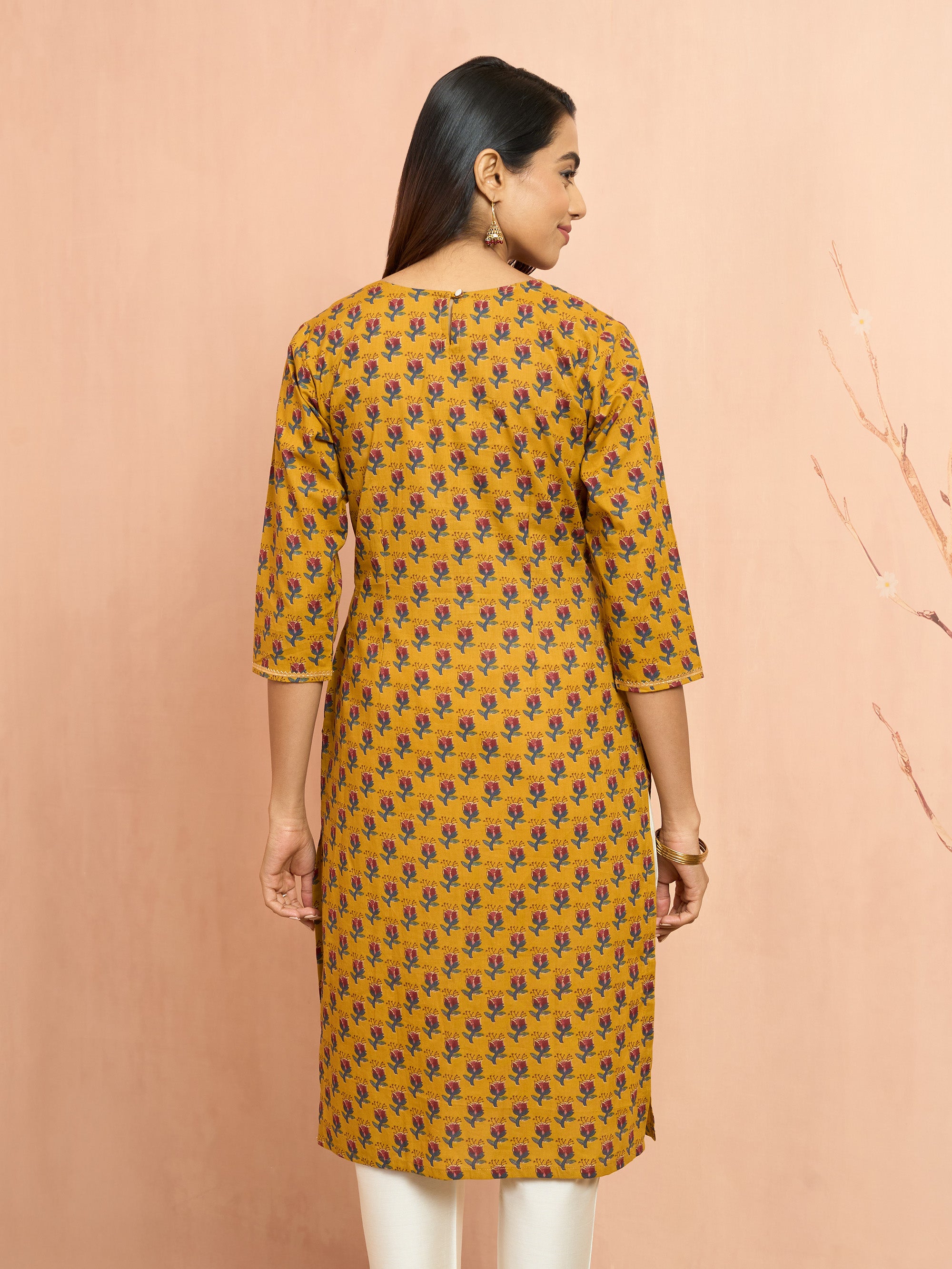 Women's Mustard Floral Pleated Kurta