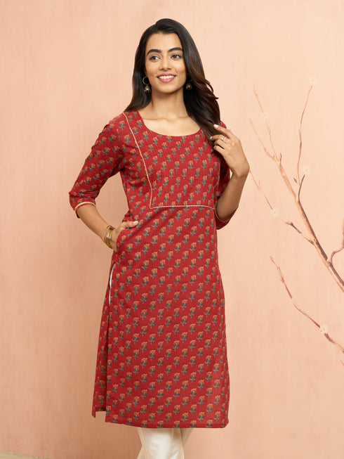 Women's Rust Floral Pleated Kurta