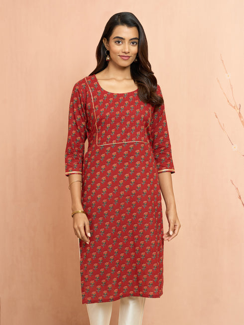 Women's Rust Floral Pleated Kurta