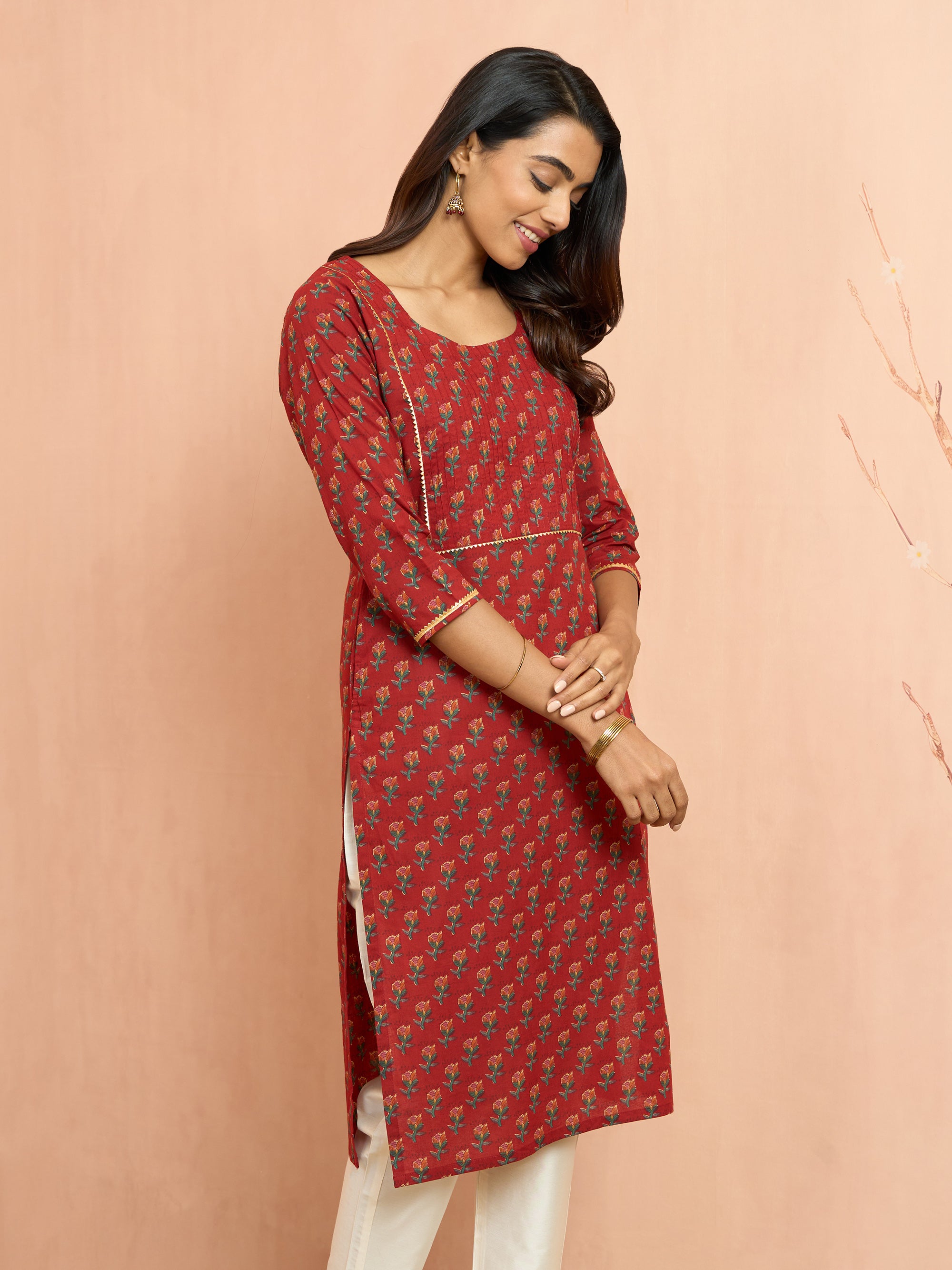 Women's Rust Floral Pleated Kurta
