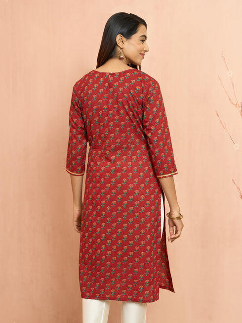 Women's Rust Floral Pleated Kurta