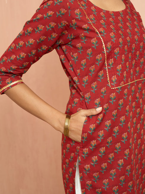 Women's Rust Floral Pleated Kurta