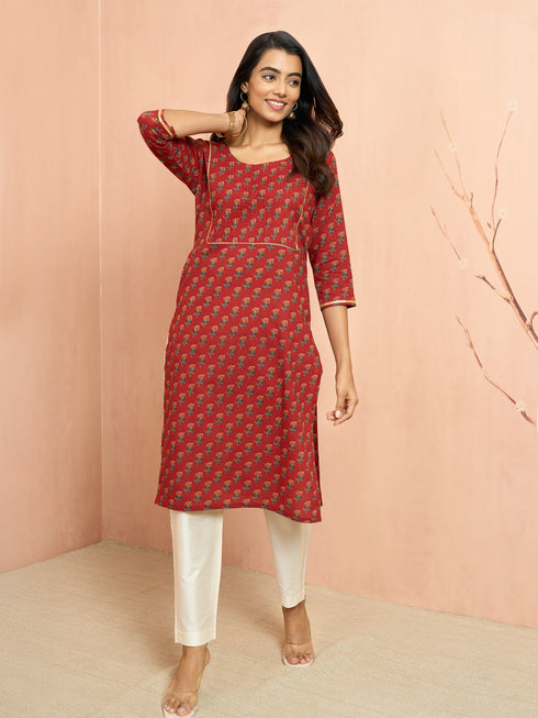 Women's Rust Floral Pleated Kurta