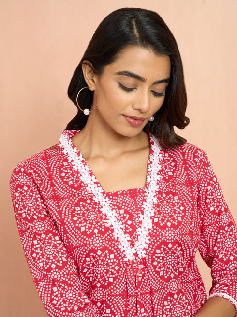 Women's Red Bandhani Print Cambric Kurta