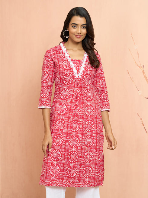 Women's Red Bandhani Print Cambric Kurta
