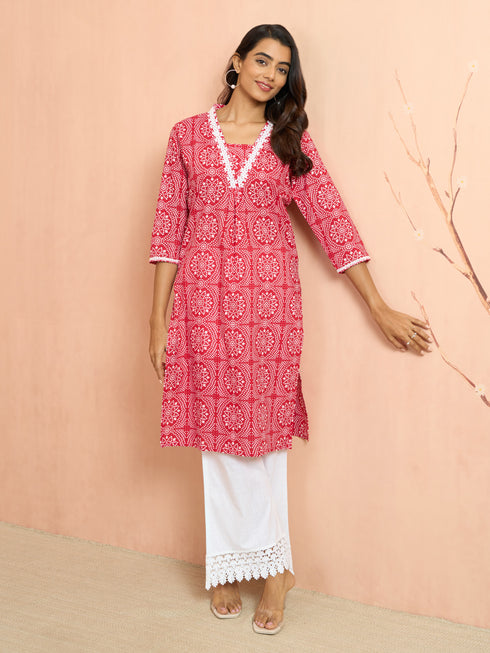 Women's Red Bandhani Print Cambric Kurta